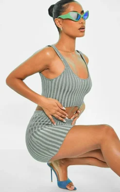 Green Two Tone Knit Mini Skirt