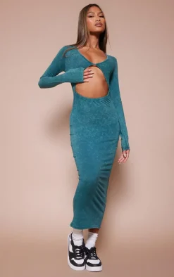 Green Washed Cotton Cut Out Long Sleeve Midaxi Dress