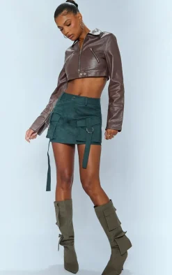 Green Washed Faux Leather Pocket Cargo Mini Skirt