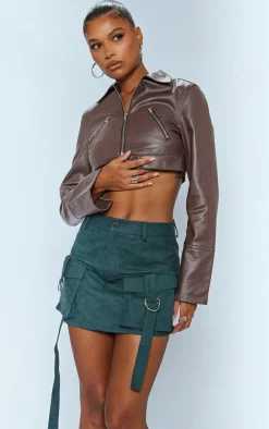 Green Washed Faux Leather Pocket Cargo Mini Skirt