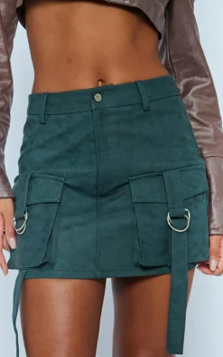 Green Washed Faux Leather Pocket Cargo Mini Skirt
