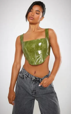 Green Washed Faux Leather Boned Corset