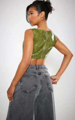 Green Washed Faux Leather Boned Corset