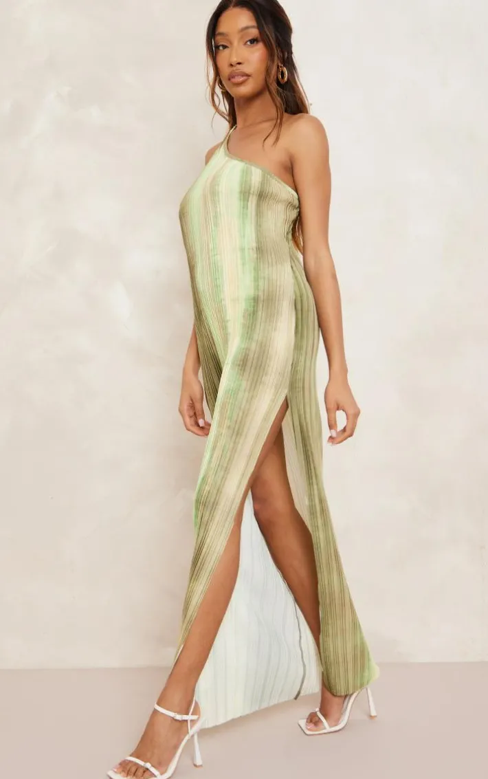 Green Watercolour Plisse One Shoulder Scoop Back Maxi Dress