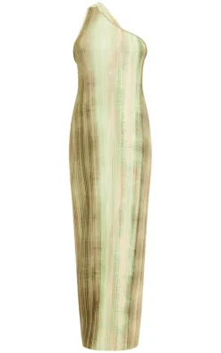 Green Watercolour Plisse One Shoulder Scoop Back Maxi Dress