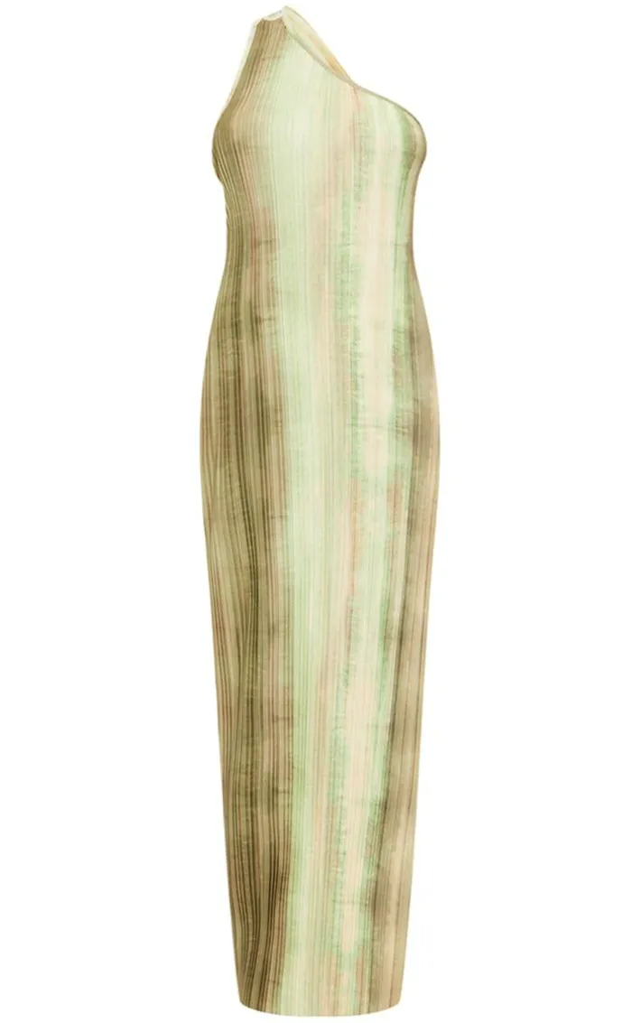 Green Watercolour Plisse One Shoulder Scoop Back Maxi Dress