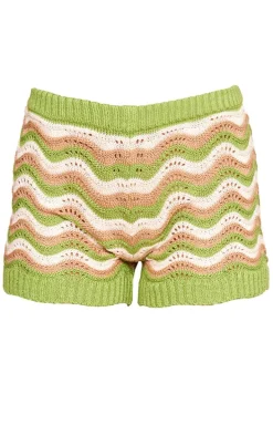 Green Wave Knit Textured Mini Shorts