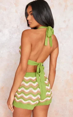Green Wave Knit Textured Halterneck Crop Top