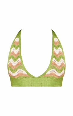 Green Wave Knit Textured Halterneck Crop Top