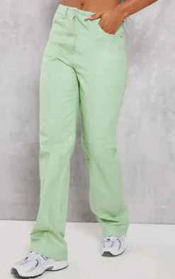 Green Waxed Denim Seam Detail Straight Leg Jeans