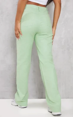 Green Waxed Denim Seam Detail Straight Leg Jeans