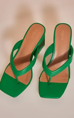Green Wide Fit Pu Thong Square Toe Block Heeled Mules