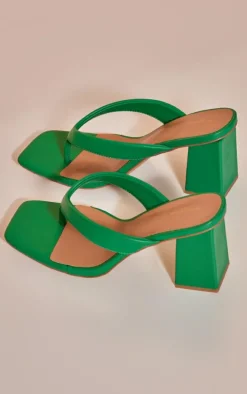 Green Wide Fit Pu Thong Square Toe Block Heeled Mules