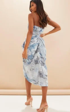 Grey Abstract Print Chiffon Ruched Drape Midi Dress