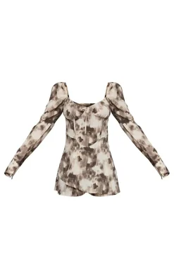 Grey Abstract Print Long Sleeve Skort Romper