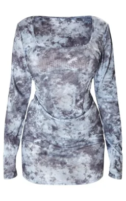 Grey Abstract Rib Corset Seam Square Neck Mini Bodycon Dress