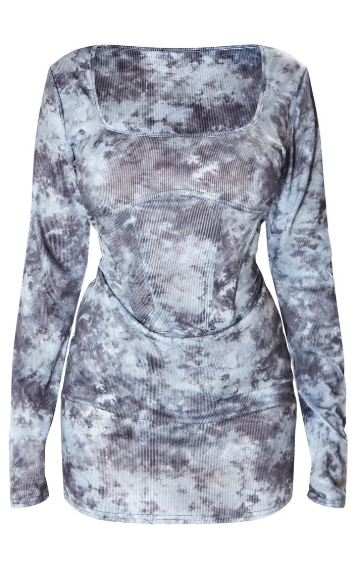 Grey Abstract Rib Corset Seam Square Neck Mini Bodycon Dress