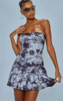 Grey Acid Wash Bandeau Pleated Shift Dress