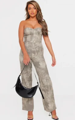 Grey Acid Wash Bandeau Wide Leg Jumpsuit