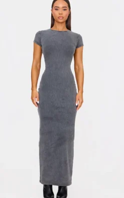 Grey Acid Wash Cap Sleeve Maxi Dress