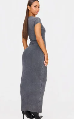 Grey Acid Wash Cap Sleeve Maxi Dress