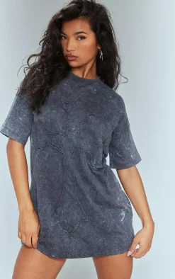 Grey Acid Wash Cross Applique T Shirt Dress