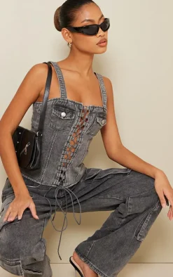 Grey Acid Wash Lace Up Denim Top