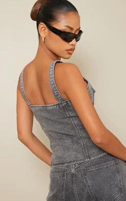 Grey Acid Wash Lace Up Denim Top