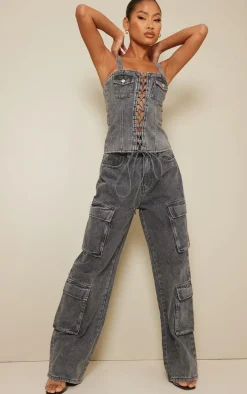 Grey Acid Wash Lace Up Denim Top