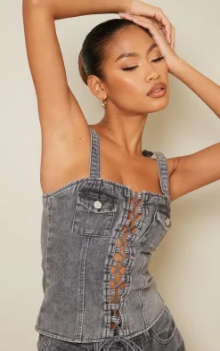 Grey Acid Wash Lace Up Denim Top