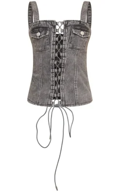 Grey Acid Wash Lace Up Denim Top