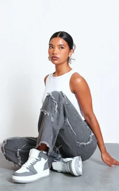 Grey And White PU Contrast Chunky Sole Hi Top Sneakers