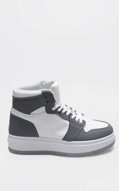 Grey And White PU Contrast Chunky Sole Hi Top Sneakers