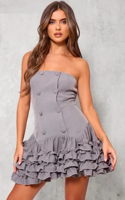 Grey Bandeau Frill Button Down Mini Dress