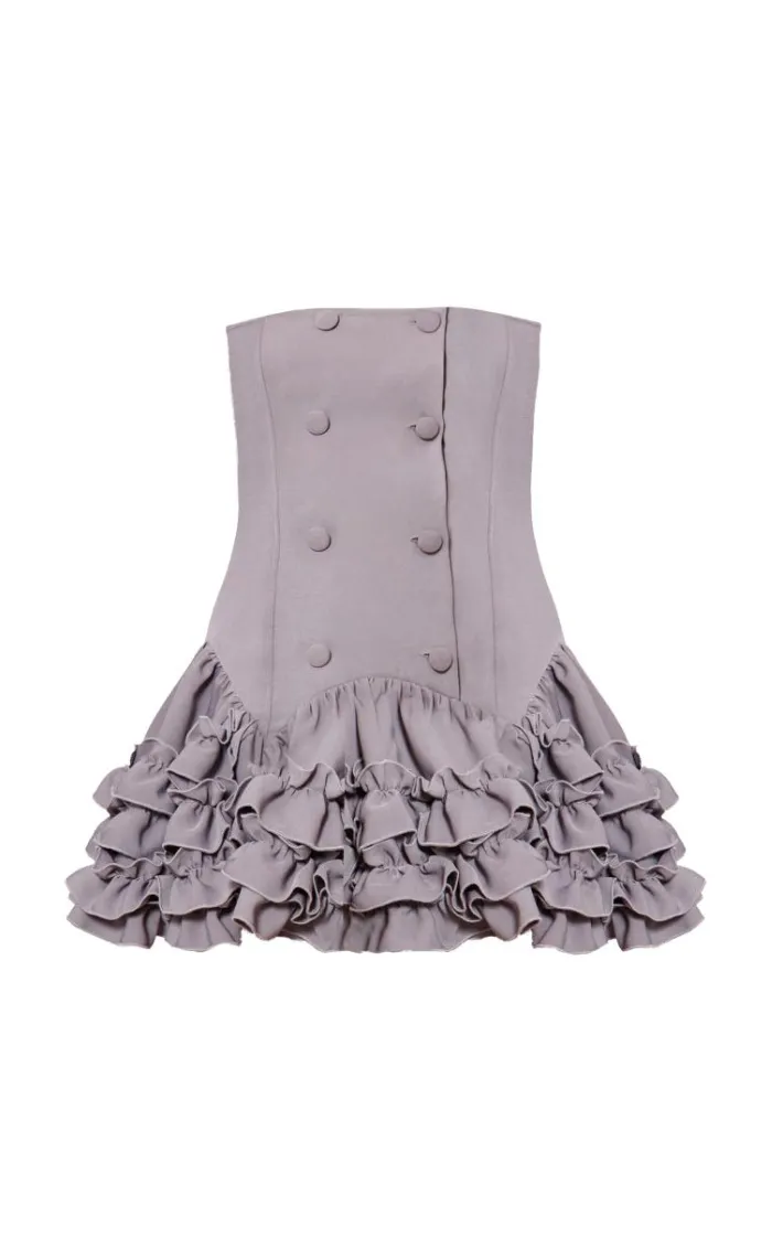 Grey Bandeau Frill Button Down Mini Dress