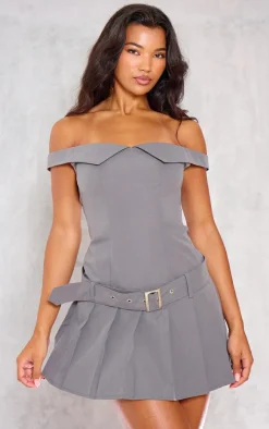Grey Bardot Belted Pleated Shift Dress