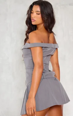 Grey Bardot Belted Pleated Shift Dress