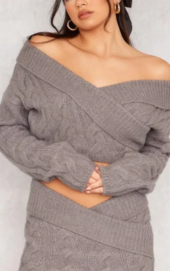 Grey Bardot Foldover Detail Cropped Sweater