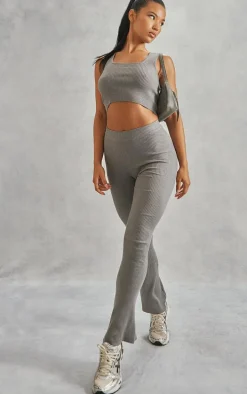 Grey Basic Rib Knit Kick Flare Pants