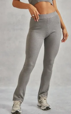 Grey Basic Rib Knit Kick Flare Pants