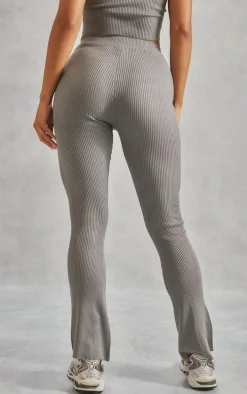Grey Basic Rib Knit Kick Flare Pants