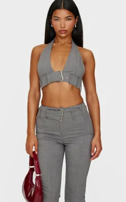Grey Belt Detail Halterneck Top