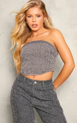 Grey Bobble Denim Corset Crop Top