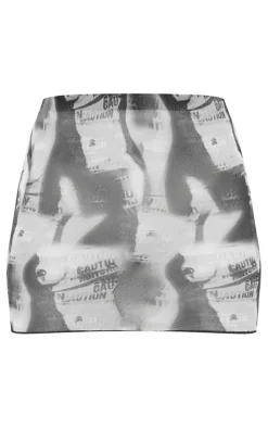 Grey Body Print Mesh Mini Skirt