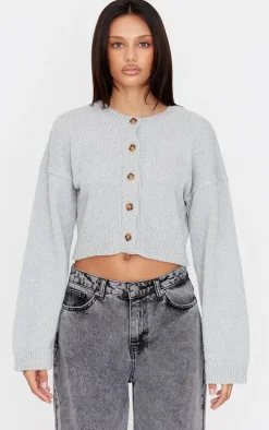 Grey Boucle Knit Button Through Cropped Cardigan