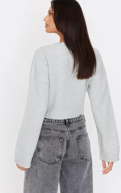 Grey Boucle Knit Button Through Cropped Cardigan