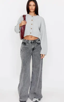 Grey Boucle Knit Button Through Cropped Cardigan