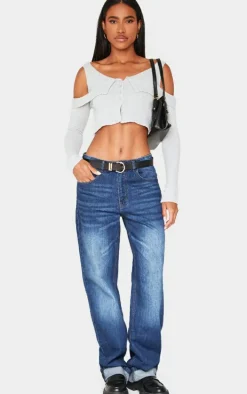 Grey Boucle Knit Cold Shoulder Button Up Top