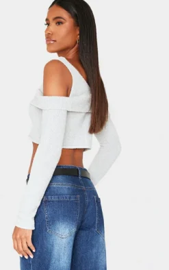 Grey Boucle Knit Cold Shoulder Button Up Top