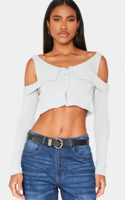Grey Boucle Knit Cold Shoulder Button Up Top